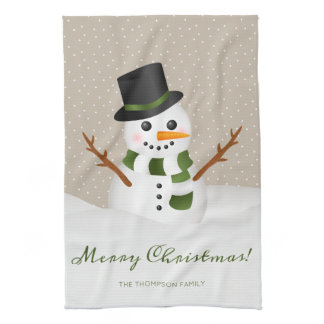 Cute Snowman Cartoon And Custom Name Christmas Kitchen Towel