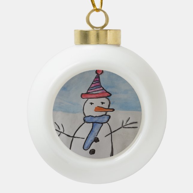 Cute Snowman Ceramic Ball Christmas Ornament (Front)