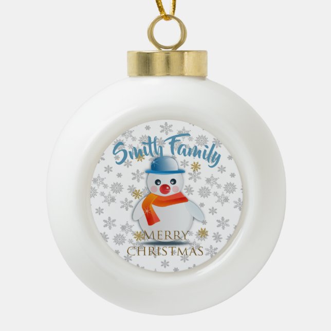 Cute Snowman Ceramic Ball Christmas Ornament (Front)