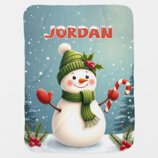 Cute Snowman Christmas Design with Custom Name Baby Blanket