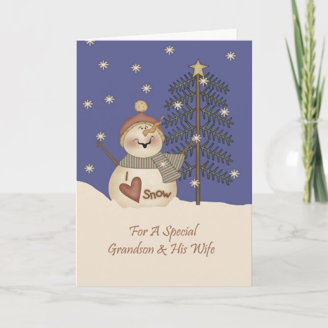 Cute Snowman Christmas Grandson & Wife Holiday Card (Front)