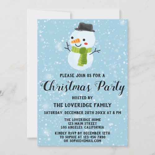 Cute Snowman Christmas Party White Snowflakes Blue Invitation
