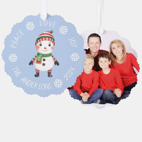 Cute Snowman Christmas Peace Love Joy Snowflakes Ornament Card