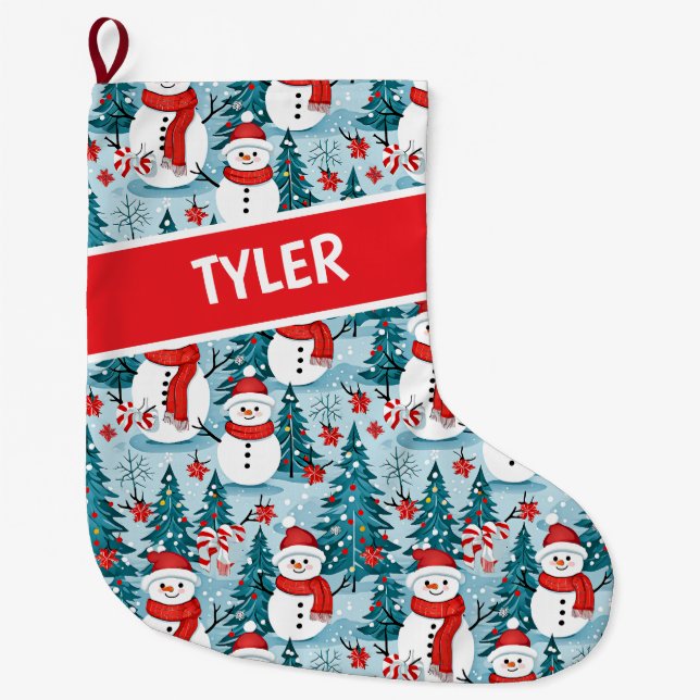 Cute Snowman Christmas Personalized  Large Christmas Stocking (Front)
