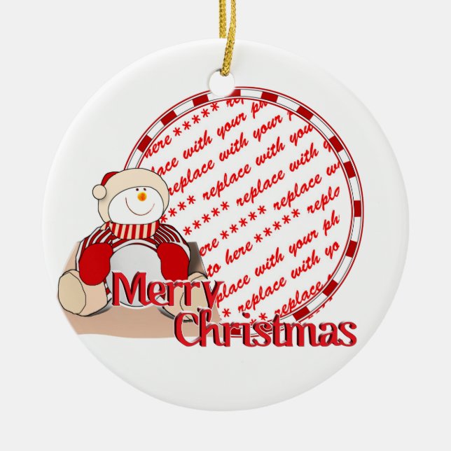Cute Snowman Christmas Photo Frame Ceramic Ornament (Front)