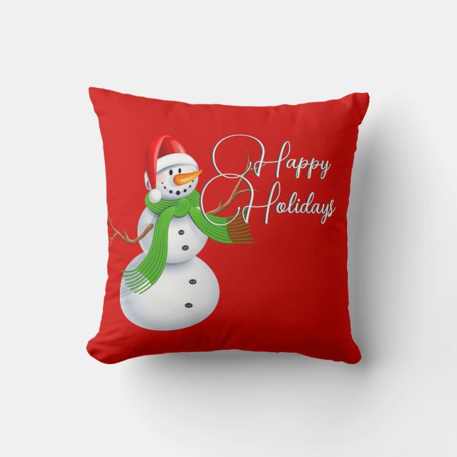 Cute Snowman Christmas Red Throw Pillow (Front)