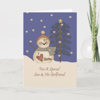 Cute Snowman Christmas Son & Girlfriend Holiday Card by freespiritdesigns at Zazzle