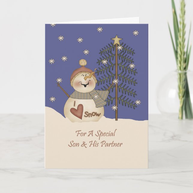 Cute Snowman Christmas Son & Partner Holiday Card (Front)