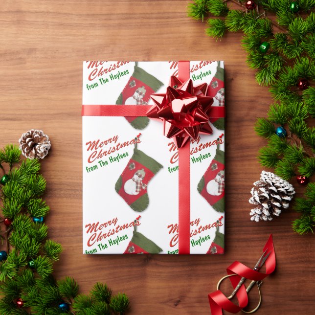 Cute Snowman Christmas Stocking White Personalized Wrapping Paper (Holiday Gift)