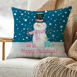 Cute Snowman Christmas Throw Pillow<br><div class="desc">A cute snowman on a snowy night decorates this pillow with the words Happy Holidays. Personalize it by Changing the text to whatever you wish. Designed for you by Blackberry Boulevard.</div>