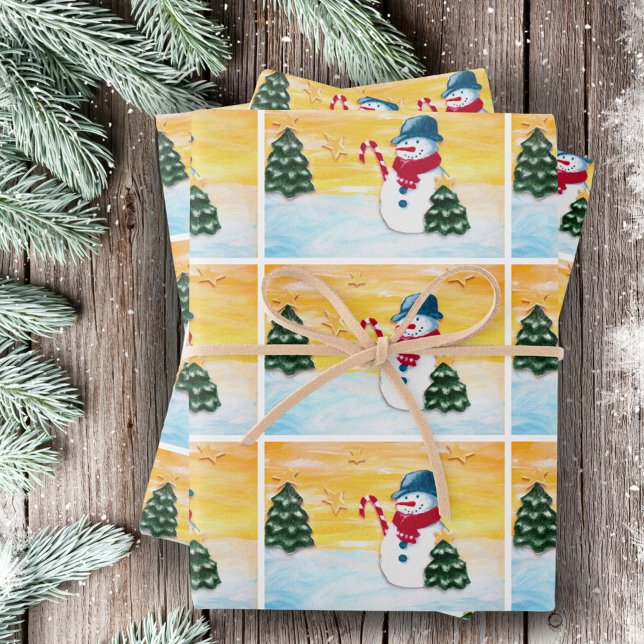 Cute Snowman Christmas Tree Winter Pattern Kids  Wrapping Paper Sheets (Creator Uploaded)