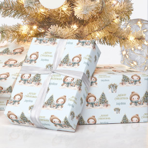 Cute Snowman Christmas Vintage Blue Boy Name Text Wrapping Paper