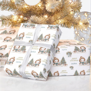 Cute Snowman Christmas Vintage Blue Name Text Wrapping Paper