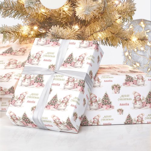 Cute Snowman Christmas Vintage Girl Name Text Wrapping Paper