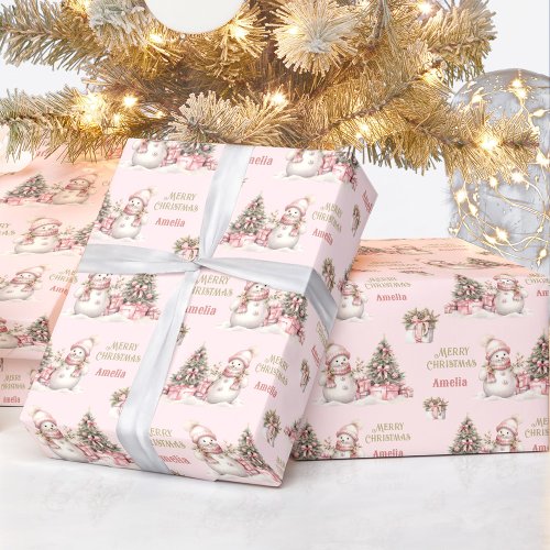 Cute Snowman Christmas Vintage Pink Girl Name Text Wrapping Paper