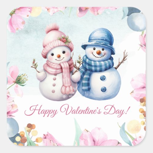 Cute Snowman Couple Happy Valentines Day Square Sticker