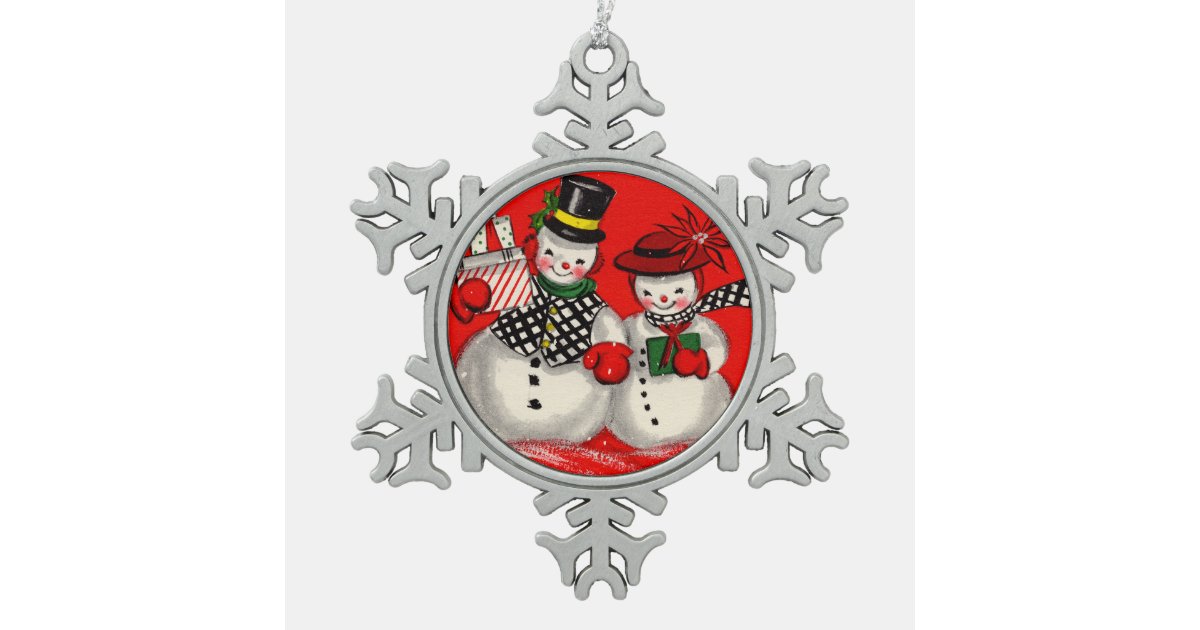 Cute Snowman Couple Snowflake Pewter Christmas Ornament