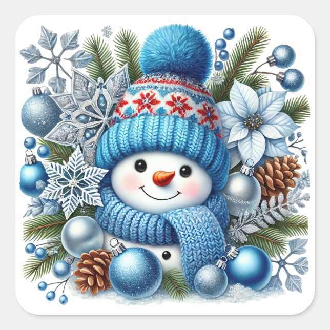Cute Snowman Covered in Blue and Silver Square Sticker (Front)