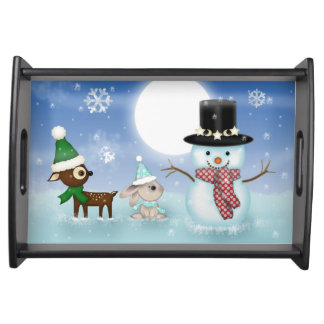 Cute Snowman Deer and Snow Bunny Art Serving Tray