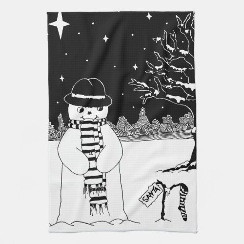 Cute snowman design black and white Christmas Kitchen Towel