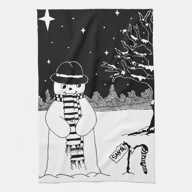 Cute snowman design black and white Christmas Kitchen Towel (Vertical)