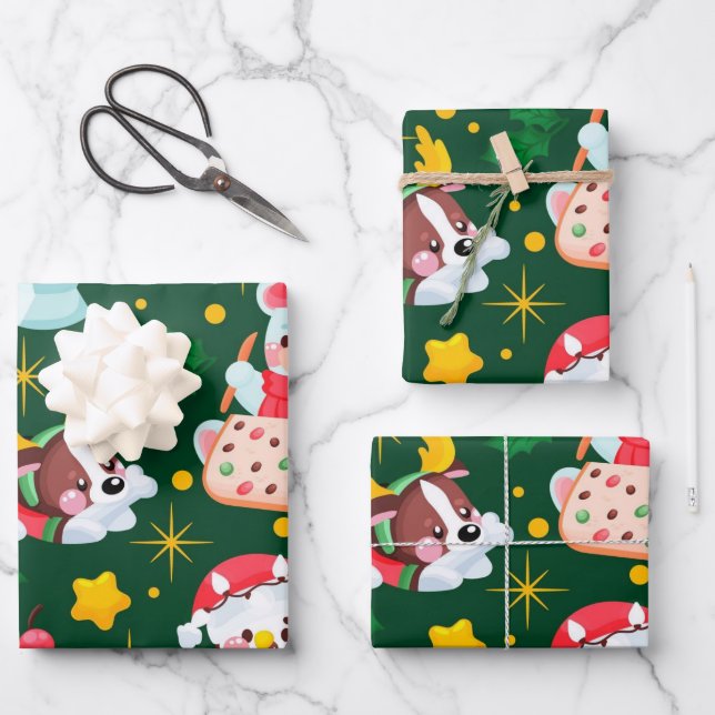 Cute Snowman Dog Christmas Wrapping Paper Sheets (Front)