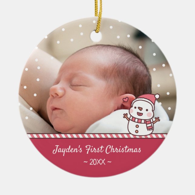 Cute Snowman Doodle Baby's First Christmas Photo Ceramic Ornament (Front)