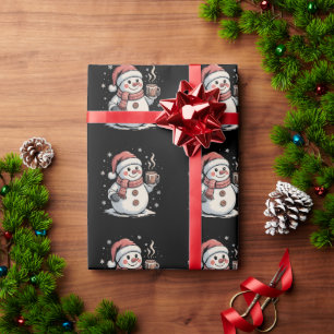 Cute Snowman Drink Coffee Winter Snowflake Xmas Wrapping Paper