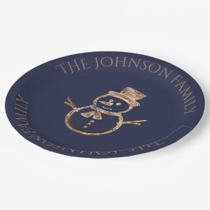 Cute Snowman Elegant Blue and Gold Christmas Paper Plates