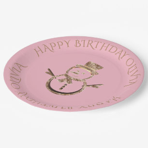 Cute Snowman Elegant Pink and Gold Custom Text Paper Plates