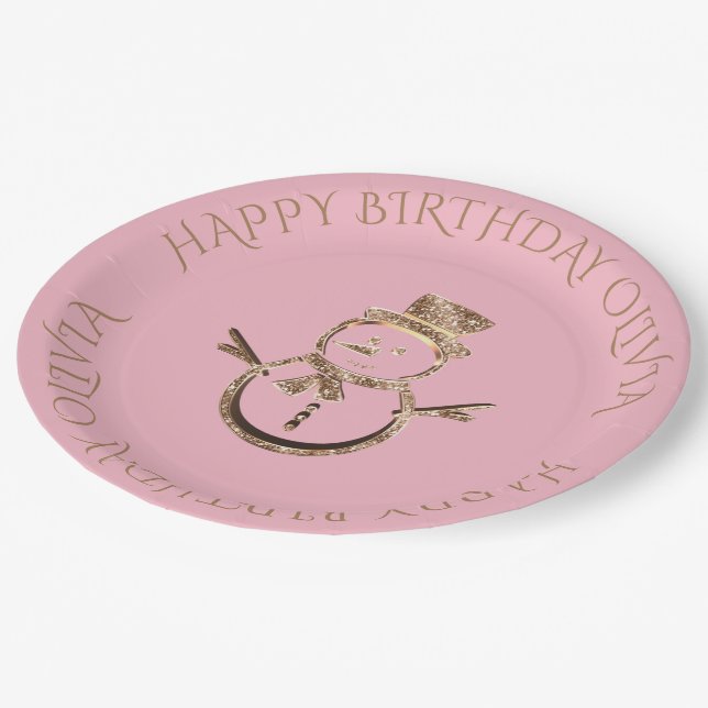 Cute Snowman Elegant Pink and Gold Custom Text Paper Plates (Angled)
