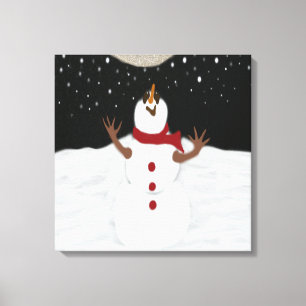 Cute Snowman Enjoying The Moon Painting Canvas Print