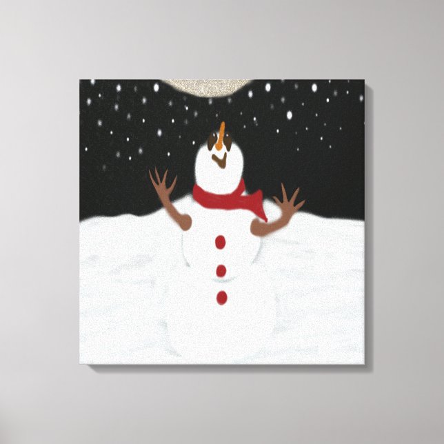 Cute Snowman Enjoying The Moon Painting Canvas Print (Front)