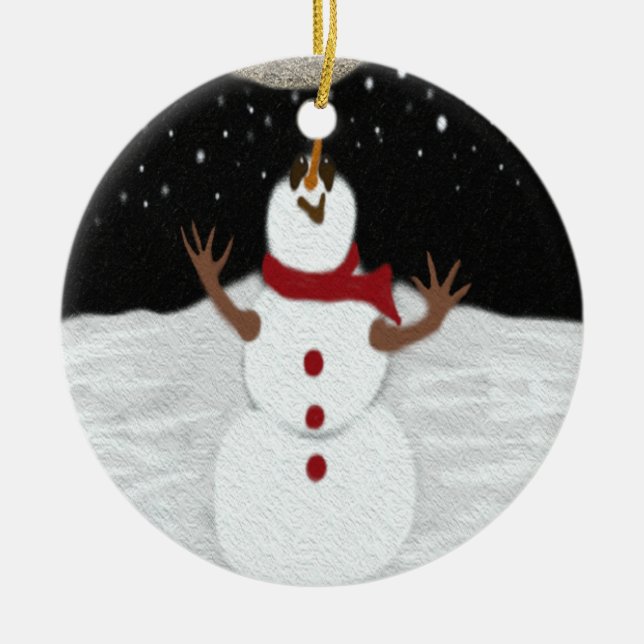 Cute Snowman Enjoying The Moon Painting Ceramic Ornament (Front)