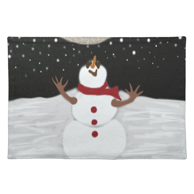 Cute Snowman Enjoying The Moon Painting Placemat (Front)