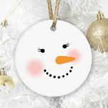 Cute Snowman Face Holiday Ornament<br><div class="desc">Your friends and family will smile this winter season with this cute and girly snowman Christmas ornament. Design features a jolly snow lady with warm rosy cheeks, eyelashes, a carrot nose and smile made of coal. Snow white, black, pink and orange design colors. Two sided ornament can be personalized with...</div>