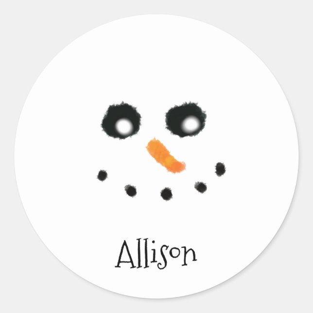Cute Snowman Face Personalized Name Round Stickers (Front)