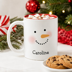Cute Snowman Face Red Custom Name Christmas Two-Tone Coffee Mug