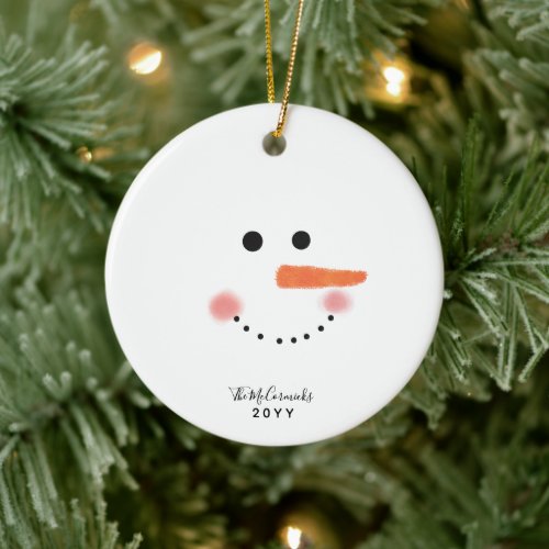 Cute Snowman Face Script Personalized Year Ceramic Ornament
