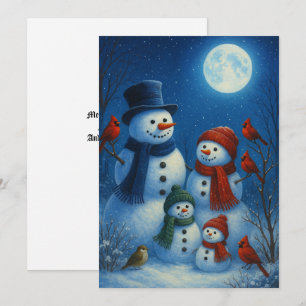 Cute Snowman Family In Snowy Moonlit Night Holiday Card