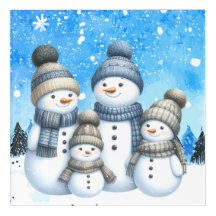 Cute snowman family in the snow