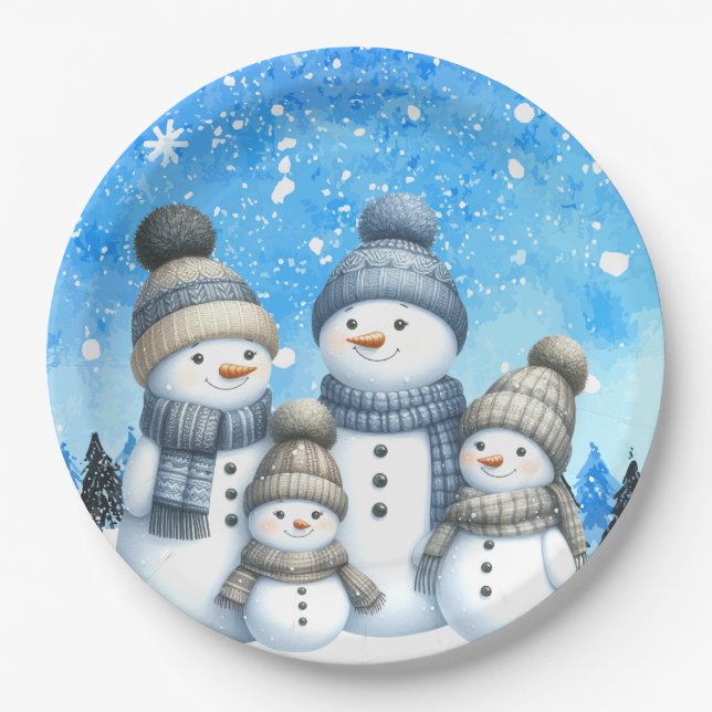 Cute snowman family in the snow paper plates (Front)