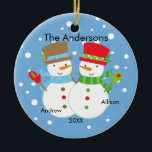 Cute Snowman Family of 2 Christmas Ornament<br><div class="desc">Our family of 2 christmas ornament features a cute snowman couple set on a snow filled blue background!   Personalize with your information and date and you're all set to go!  Wonderful dated keepsake gift for your first christmas and a great addition to you christmas ornament collection.</div>