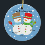 Cute Snowman Family of 2 Christmas Ornament<br><div class="desc">Our family of 2 christmas ornament features a cute snowman couple set on a snow filled blue background!   Personalize with your information and date and you're all set to go!  Wonderful dated keepsake gift for your first christmas and a great addition to you christmas ornament collection.</div>