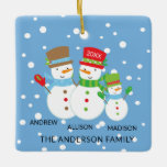 Cute Snowman Family of 3 Christmas Ornament<br><div class="desc">Our family of 3 christmas ornament features a cute snowman couple set on a snow filled blue background!   Personalize with your information and date and you're all set to go!  Wonderful dated keepsake gift for your first christmas and a great addition to you christmas ornament collection.</div>
