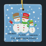 Cute Snowman Family of 3 Christmas Ornament<br><div class="desc">Our family of 3 christmas ornament features a cute snowman couple set on a snow filled blue background!   Personalize with your information and date and you're all set to go!  Wonderful dated keepsake gift for your first christmas and a great addition to you christmas ornament collection.</div>