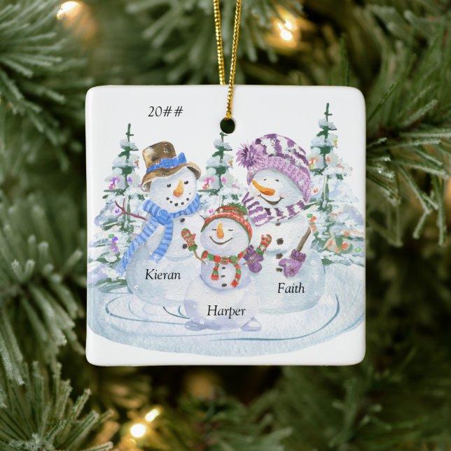 Cute Snowman Family of 3 Personalized Christmas Ceramic Ornament (Tree)