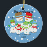 Cute Snowman Family of 6 Christmas Ornament<br><div class="desc">Our family of 6 christmas ornament features a cute snowman couple set on a snow filled blue background!   Personalize with your information and date and you're all set to go!  Wonderful dated keepsake gift for your first christmas and a great addition to you christmas ornament collection.</div>