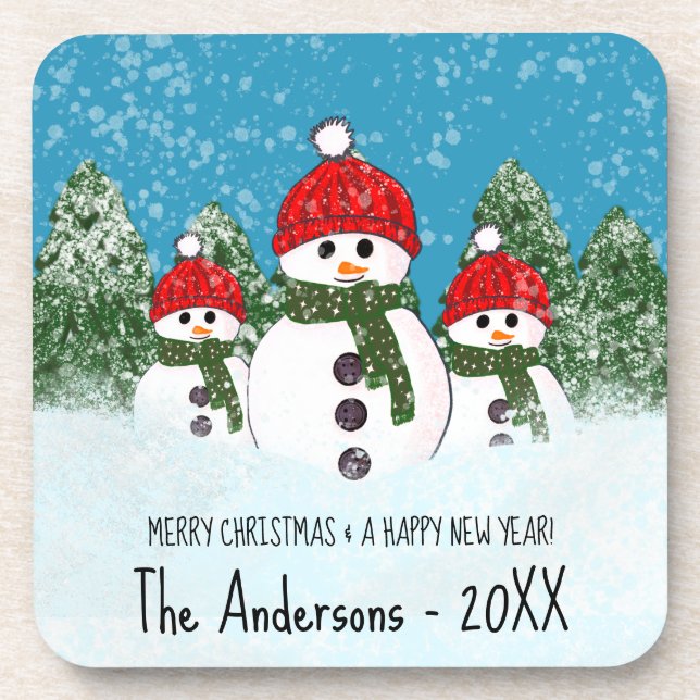 Cute Snowman Family of Three Beverage Coaster (Front)