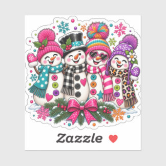 Cute Snowman Family Pink Bow Christmas Sticker